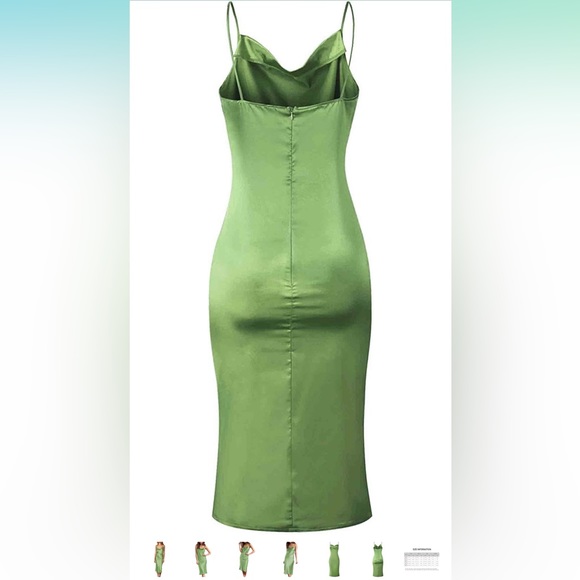 Satin Green Cowl Neck Spaghetti Strap Midi Dress - Picture 3 of 4
